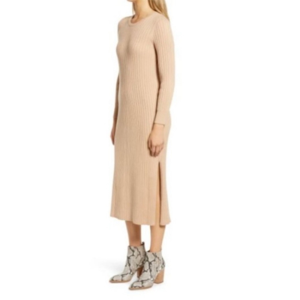 WAYF Ribbed Sweater Dress Camel Midi Length Scoop Back NWT SZ XS - Picture 6 of 12